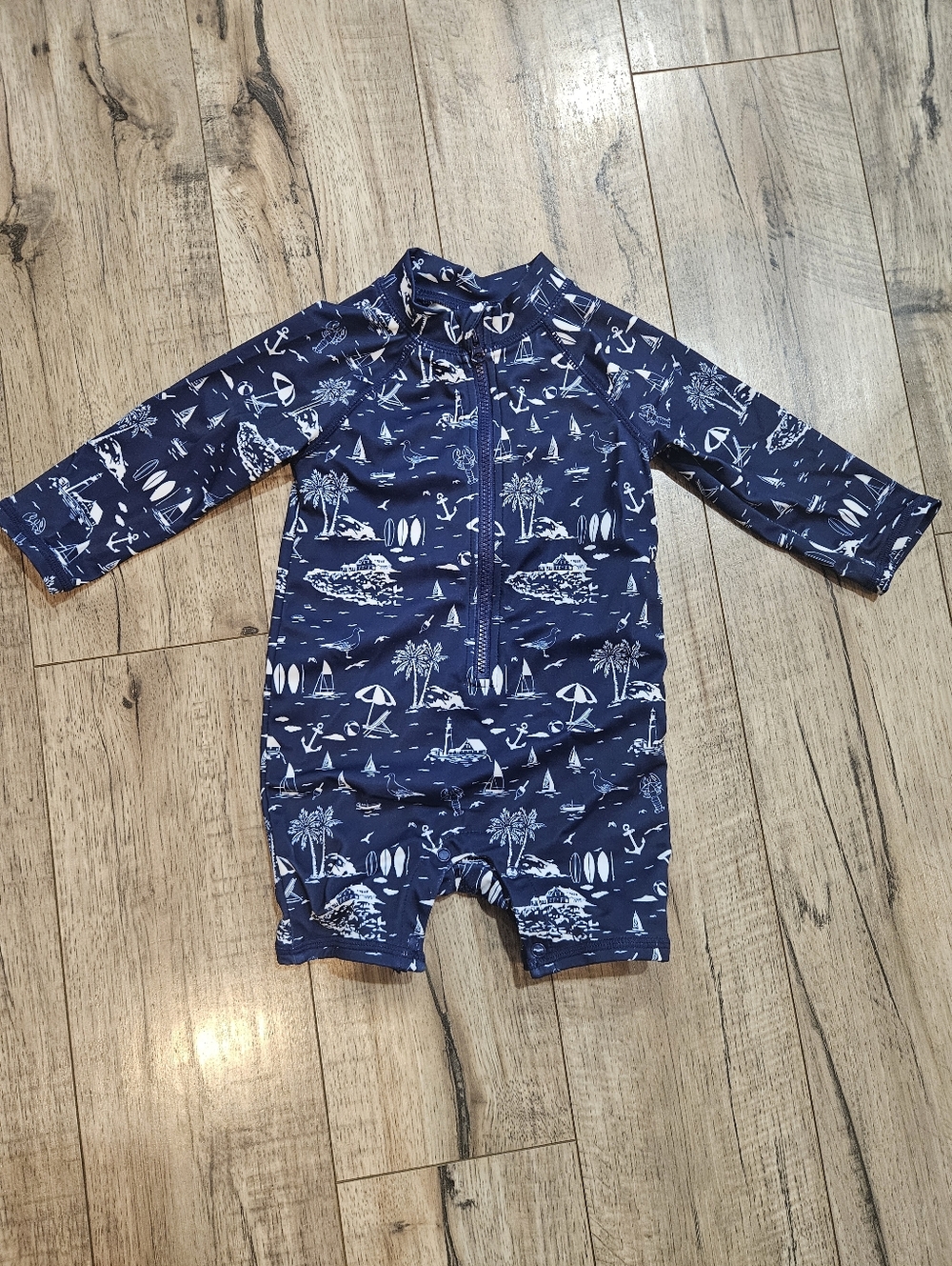 Janie and Jack Blue Toile Rash Guard 6-12M Navy Nautical Zip Button Swimsuit